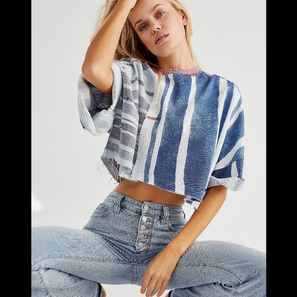 We The Free Tops - We The Free Blue Striped Distressed Dolman Sleeve Cropped Billie Top Free People